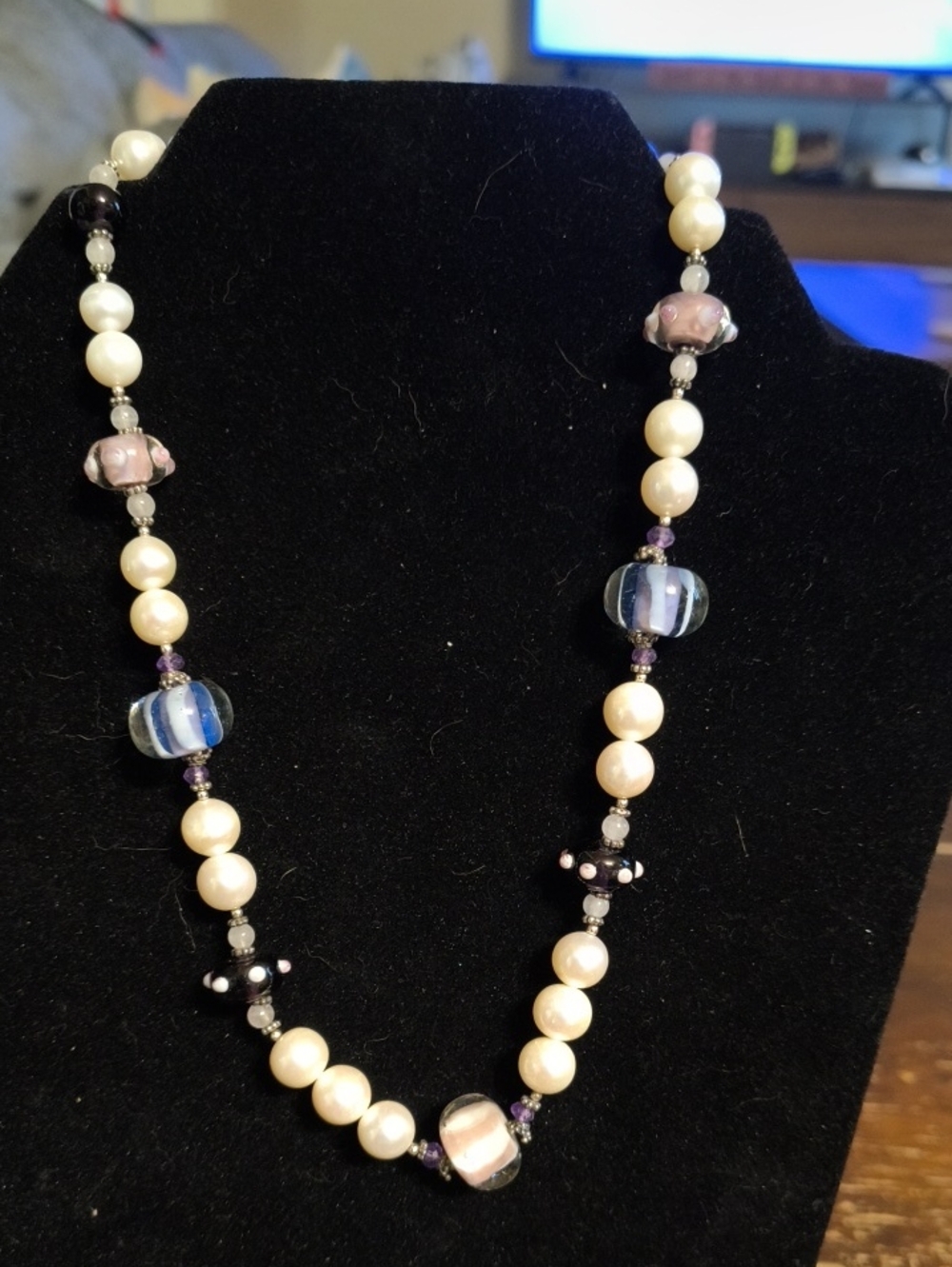 Sterling Elegant Pearl and Glass Bead Necklace — Cream and Blue